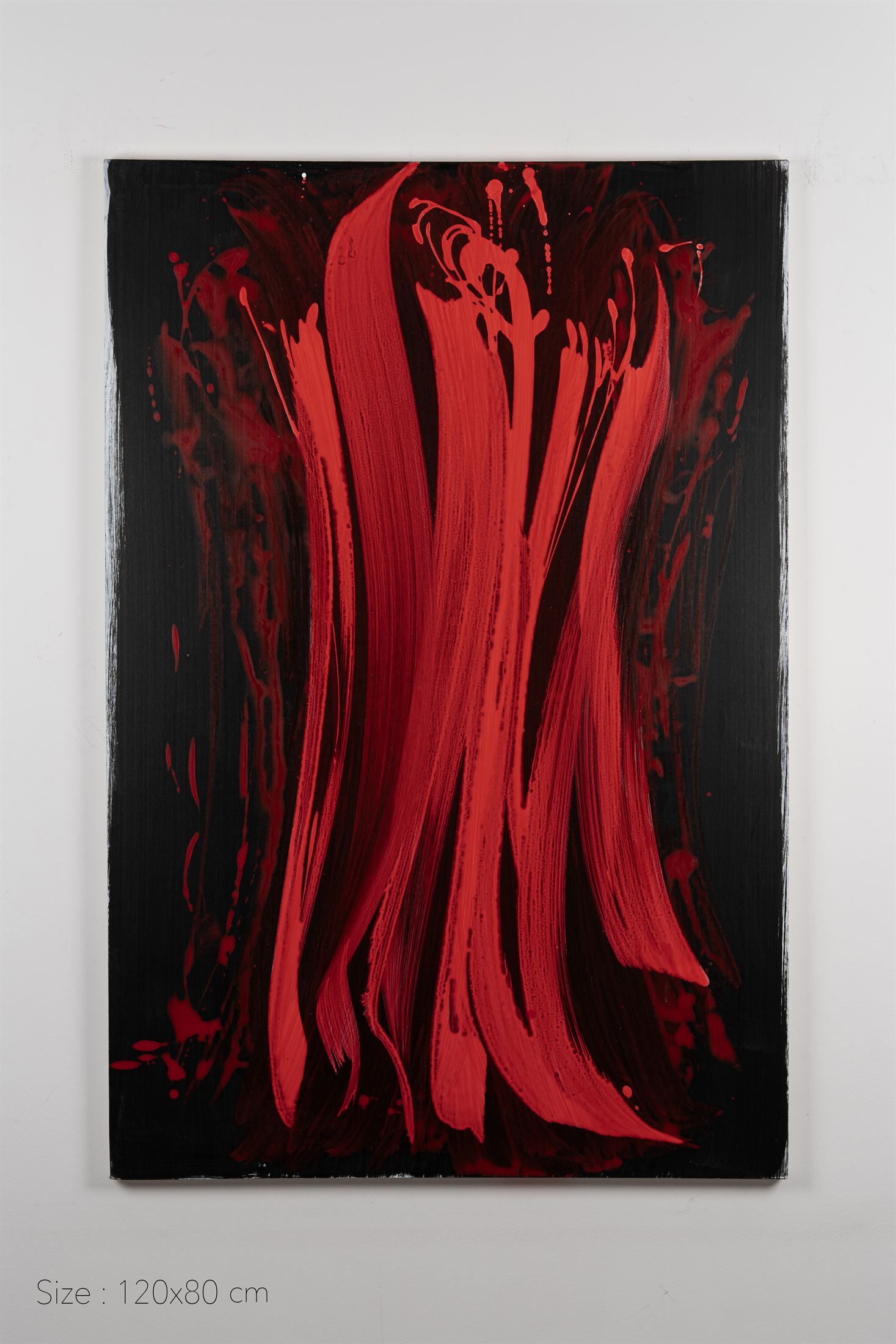 Red brushstrokes sweeping down a dark canvas